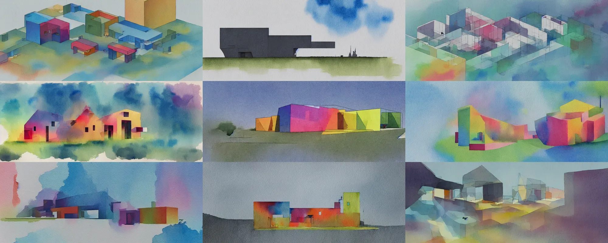 Prompt: a colorful and extremely beautiful and minimalist masterpiece watercolor architectural illustration of an isolated structure in an open field in the style of rez,