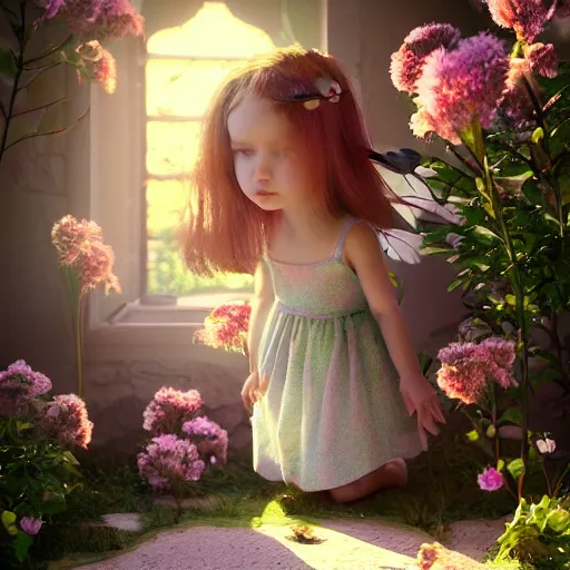 Image similar to a tiny cute fairy in a flower house, beautiful face, large eyes, cute, adorable, volumetric light, octane render, trending on artstation