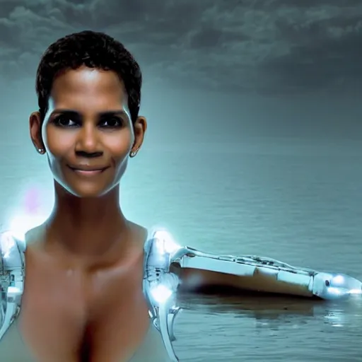 Prompt: beautiful centered Fine art photo portrait of young Halle Berry as a solarpunk robotic humanoid treading on a lake, white mechanical parts with led lights, photorealistic, white background, highly detailed and intricate, sun lighting, HDR 8k