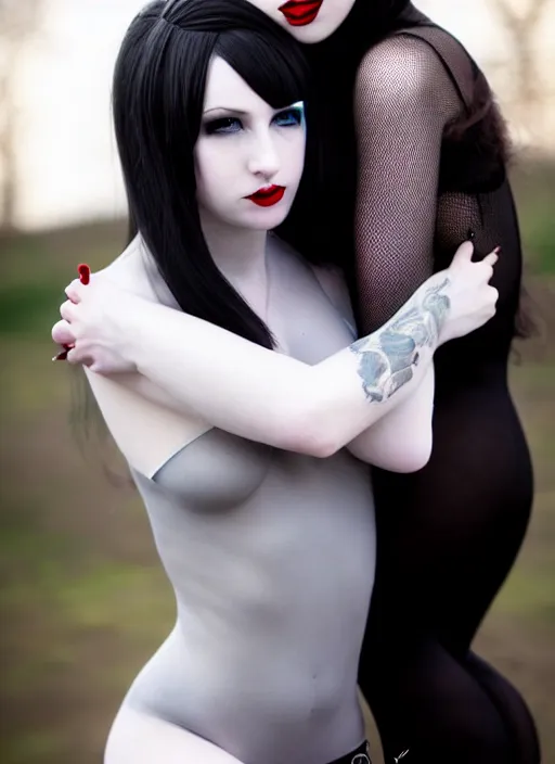 Prompt: a full body shot of two beautiful pale skin cosplay girls hugging each other in close proximity, light gray eyes, photo, bokeh, sharp focus, big red lips, black hair, feet posing, goth style, fully tattooed body, fishnet clothes, beautiful detailed face, masterpiece, photo by magali villeneuve