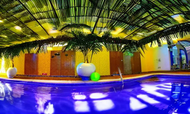 Image similar to indoor pool with ferns and palm trees, pool tubes, chromatic abberation, dramatic lighting, depth of field, Wideangle 80s fisheye photo