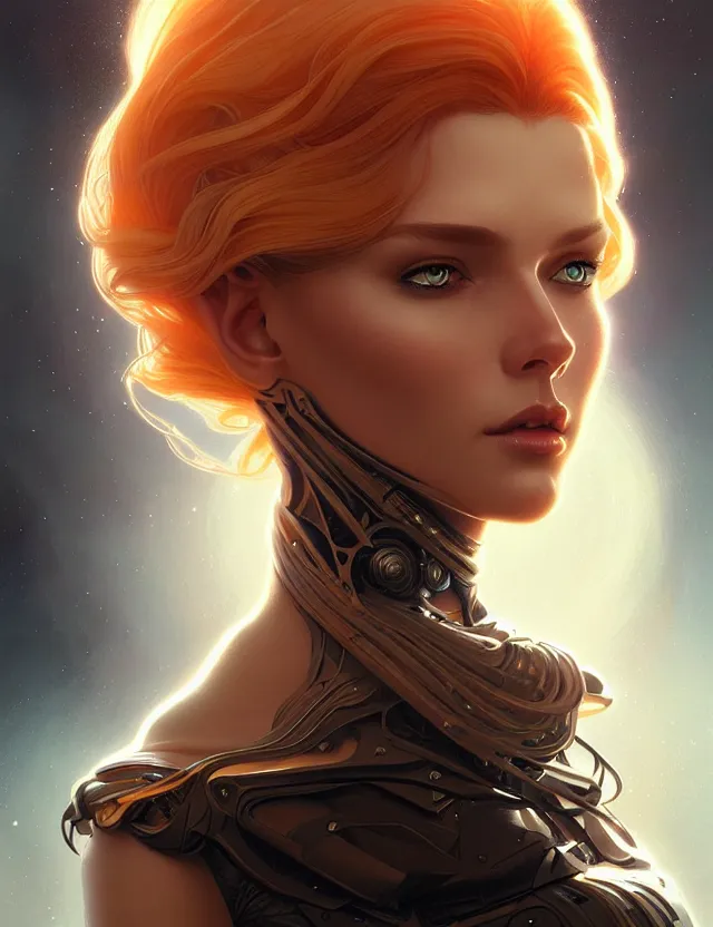 Image similar to futuristic woman portrait, sci-fi, amber eyes, face, long hair, fantasy, intricate, elegant, highly detailed, digital painting, artstation, concept art, smooth, sharp focus, illustration, art by artgerm and greg rutkowski and alphonse mucha