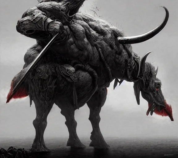 Prompt: minotaur concept, bull headed, full body concept, beksinski, wayne barlowe, adrian smith fantasy art, the hobbit art, lord of the ring art, the witcher concept art, trending on artstation, game of throne art