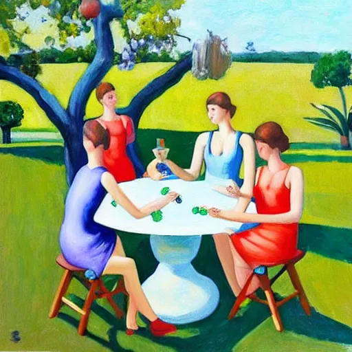 Prompt: “an award winning painting of a group of beautiful young symmetric people wearing swimsuits, sitting at a round garden table playing cards under a fig tree in the sun, drinking gin and tonic. In the style of Edward hopper”