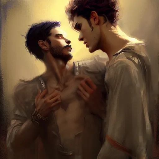 Image similar to attractive fully clothed king confesses his love for his attractive fully clothed male prince. highly detailed painting by craig mullins, tom bagshaw,