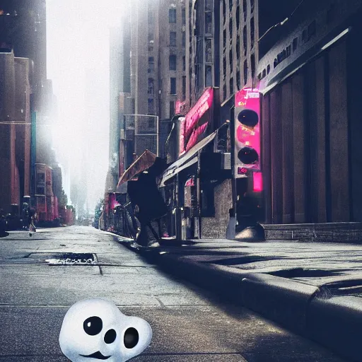 Image similar to digital portrait of Casper the ghost sitting on a NYC sidewalk, smoking a cigarette, city lights, trending on artstation, 8k, 4k, volumetric lighting, lighthearted, cinematic composition, hd, fun