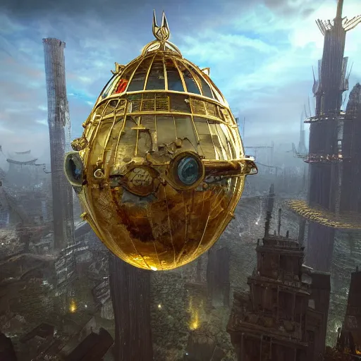 Image similar to enormous flying city in a rusted faberge egg, sky, steampunk, fantasy art, unreal engine,