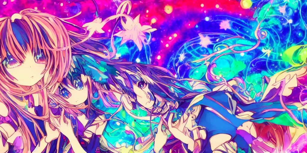 Image similar to Dreamy psychedelic anime, extremely colorful, geometric, Madoka witch labyrinth, patchwork, photoshop, HDR, 4k, 8k, abstract, two anime girls standing within two raging colorful vortexes, detailed and cute faces on the anime girls, very cute and childlike, hugging, smiles and colors, stars as pupils, detailed eyes