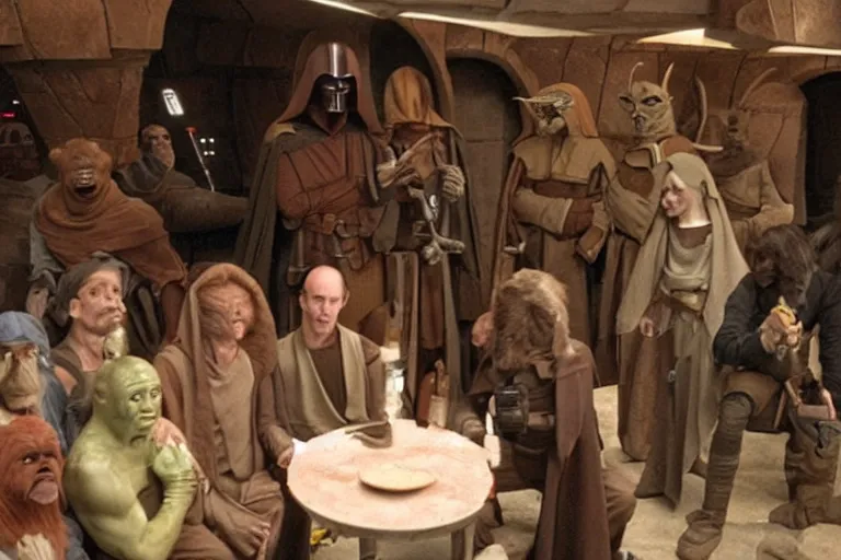 Image similar to the cantina scene from the medieval morality play star wars