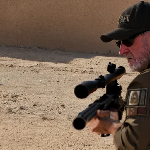 Image similar to Film still of Mike Ehrmantraut in American Sniper aiming with a sniper rifle, 4k, highly detailed