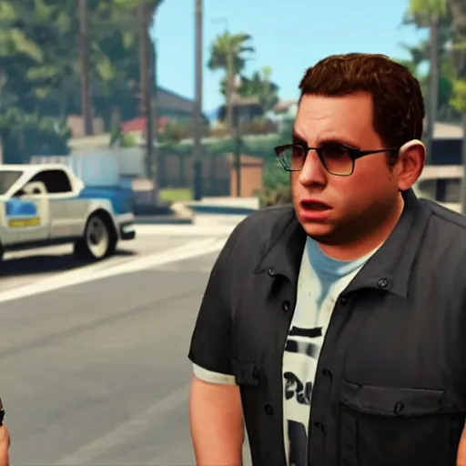 Image similar to jonah hill as a gta v character talking to trevor