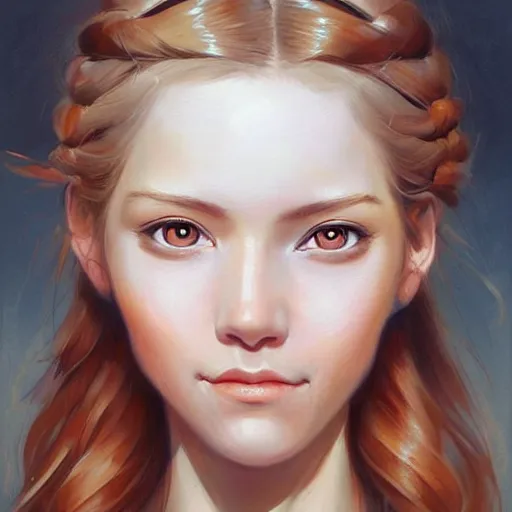 Prompt: a beautiful painting of a smiling young mother with auburn side braid and tired hazel eyes representative of the art style of artgerm and wlop and peter mohrbacher, portrait