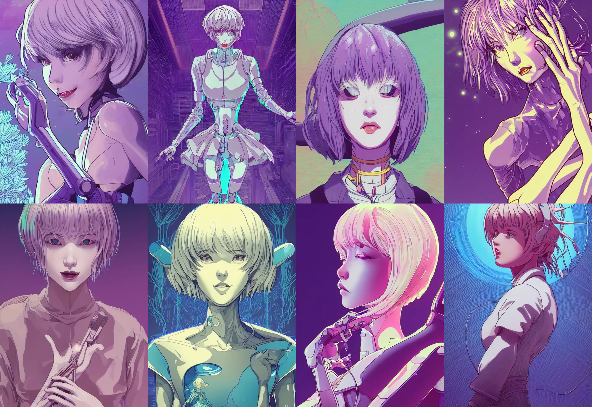 Image similar to a ultra beautiful detailed line art illustration of rei ayanami, centered, by dan mumford and moebius and beeple, trending on artstation, pastel color, dim dusk lighting, cinematic lighting, detailed lighting, volumetric lighting, realistic, f 8, 4 k hd wallpaper, poster, yellow and purple color scheme