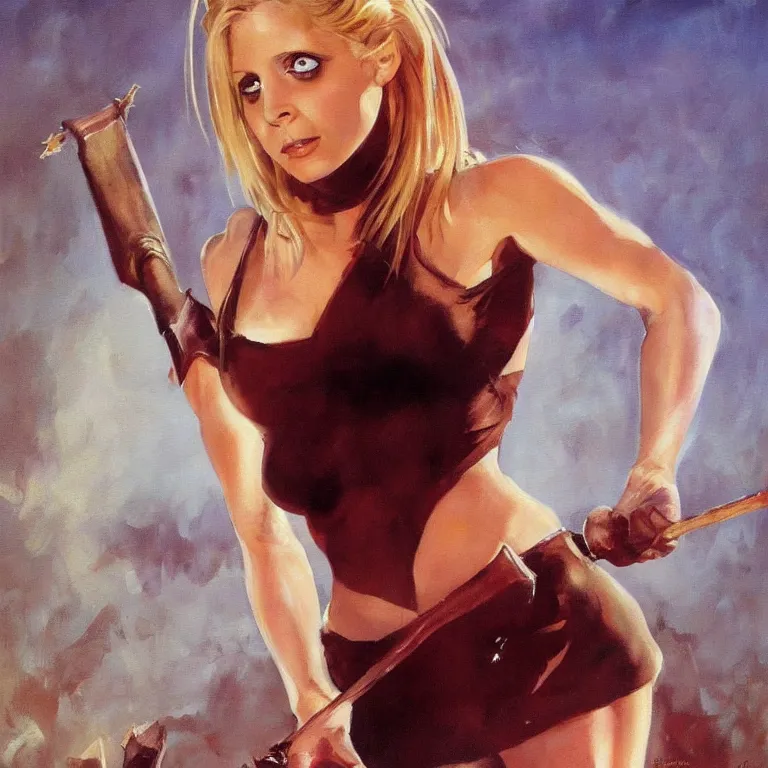 Prompt: A painting of Sarah Michelle Gellar as Buffy Summers by Frank Frazetta, clothed, beautiful, highly detailed, trending on Artstation