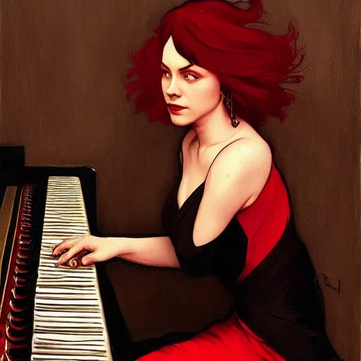 Prompt: a beautiful portait of a piano player with black and red hair singing in a jazz club, female, intricate, elegant, highly detailed, digital painting, artstation, concept art, matte, sharp focus, illustration, art by greg rutkowski and alphonse mucha