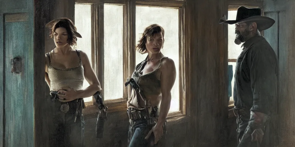 Prompt: in an old west cabin, close up shot of beautiful Mila Jovovich (alone) in the doorway and Dave Bautista cowboy standing ((alone)) at the window, in the style of Fredrick Remington, oil painting