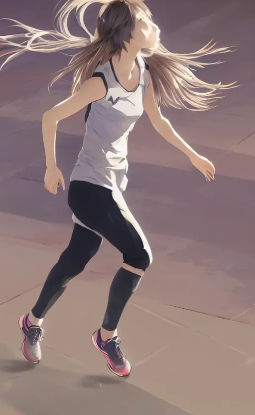 Prompt: a girl running, sport clothing, number tag, anime style, short hair, hair down, shoulder eyes, symmetrical facial features, from arknights, hyper realistic, 4 k, rule of thirds, extreme detail, detailed drawing, trending artstation, hd, d & d, realistic lighting, by alphonse mucha, greg rutkowski, sharp focus, backlit