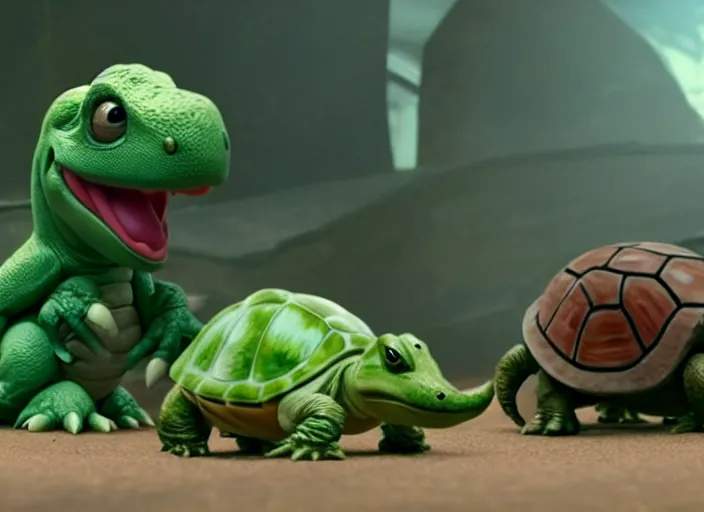 Image similar to film still of yoshi in the new sci - fi movie, cute upright dinosaur with a small turtle shell and long tongue, 8 k