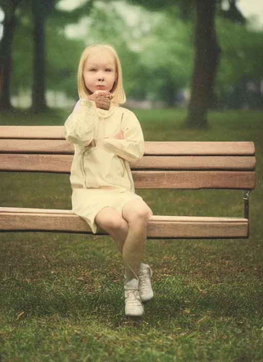 Prompt: medium format film portrait close up of an astronaut girl sitting on a bench in the park on a rainy day, hasselblad film bokeh, unsplash, soft light photographed on colour expired film