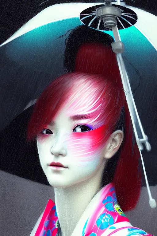 Prompt: photography face close - up portait of a beautiful young cyberpunk geisha half body in a kimono and with an white umbrella in city with neon lights, ambient lights, rainy day, digital painting, art station, by greg rutkowski