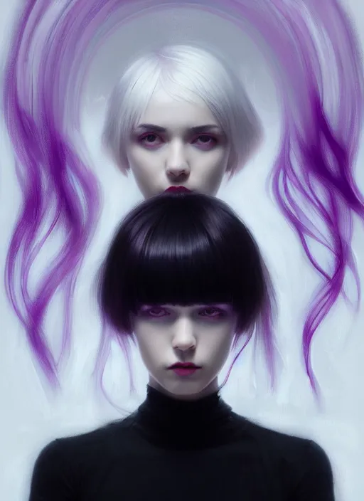 Image similar to portrait of teenage girl, red irises, bangs, black and white hair, white bangs, purple clothes, white bangs, two color hair, black hair and white bangs, intricate, elegant, glowing lights, highly detailed, digital painting, artstation, concept art, smooth, sharp focus, illustration, art by wlop, mars ravelo and greg rutkowski