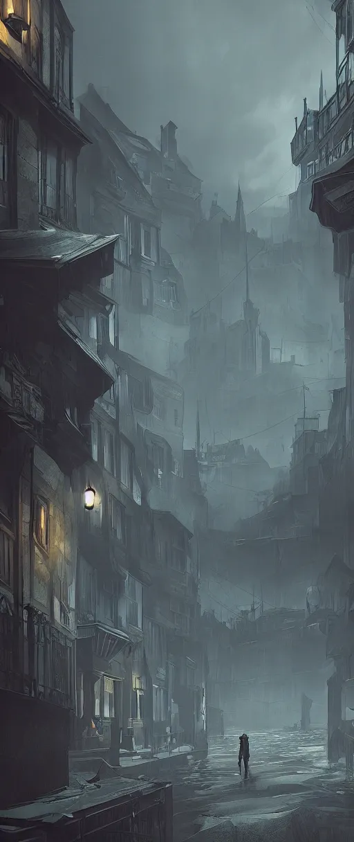 Image similar to A Dishonored Whaler in a Dishonored town, in Dunwall, Dishonored aesthetic, cinematic lighting, rainy weather, melancholy atmosphere, artstation, Dunwall city, gothic architecture, volumetric light, octane render, Dishonored game, Dishonored 1, atmosphere or depression and despair