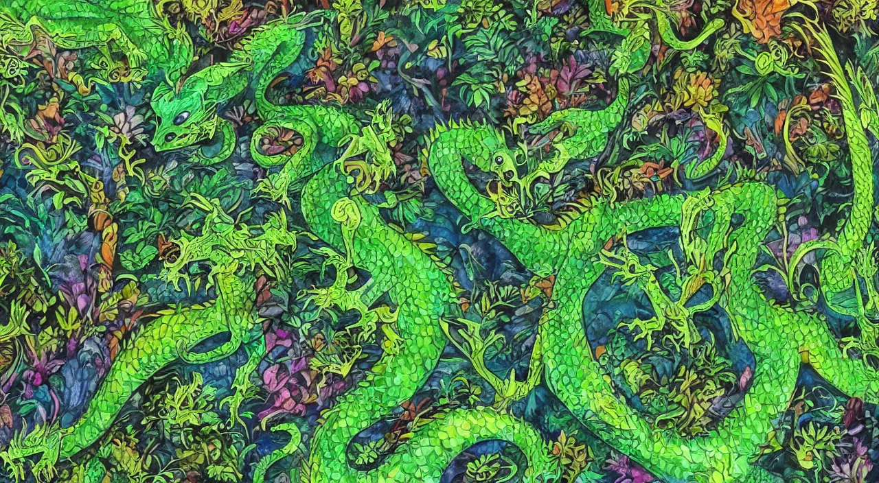 Prompt: A beautiful, highly detailed, very realistic, very vibrant, watercolor painting of a huge ancient Acid Dragon with lots of bright green scales sneaking around in a dense green forest with lots of trees at dusk. Vibrant dark green and lime green color scheme, realistic.