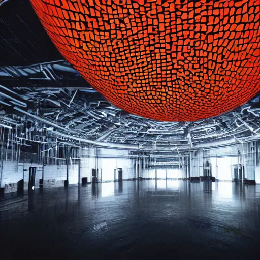Image similar to high quality professional canon wide - angle lens photo of large scale immersive public art installation inside low light giant old manufacturing facility venue width single suspended big sphere with space liquid generative visuals projected on it and giant led screen on ceiling. rich colors, high contrast, gloomy atmosphere, dark background. trending on artstation.