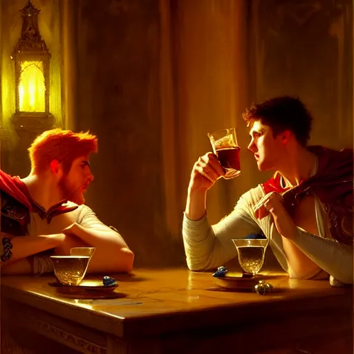 Image similar to hero male mike and hero male tyler, one is ginger and the other brunet, drinking their hearts out, in their noble mansion, at night. highly detailed painting by gaston bussiere, craig mullins, j. c. leyendecker 8 k