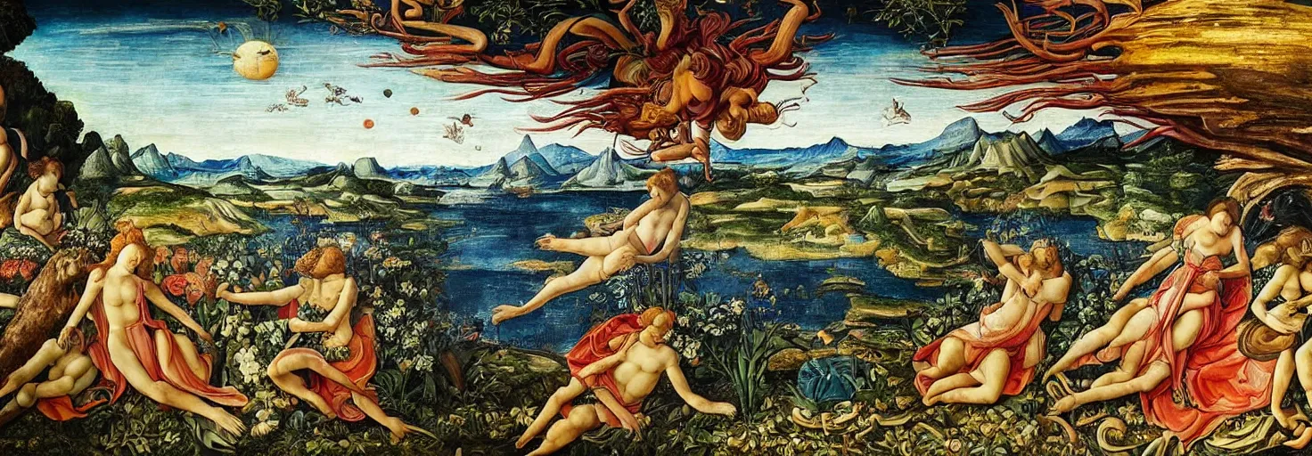 Image similar to beautiful landscape mural of an alien planet, lush landscape, vivid colors, intricate, highly detailed, masterful, fantasy world, in the style of sandro botticelli, caravaggio, albrecth durer