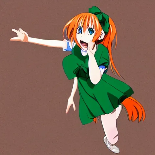 Prompt: a anime girl with red hair singing her heart out wearing a green dress full body