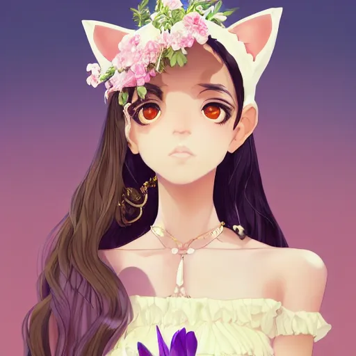 Prompt: a stunning portrait of a black - skinned witch with cat ears wearing an ornate flower dress, beautiful flower dress, by makoto shinkai, wlop, mars ravelo, summer vibes, very coherent symmetrical artwork, perfect face, studio lighting, smooth, sharp focus, 4 k, masterpiece, trending on artstation