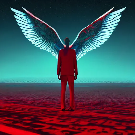 Prompt: landscape bitcoin satan with red skin and white angel wings by beeple digital art award winning nft 2 0 2 0 collection