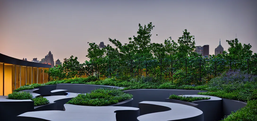 Prompt: curved roof planes lift and descend creating shade and architectural expression, situated on a minimalist rooftop garden in manhattan, highly detailed, vivid color, high resolution photography, mist, dusk