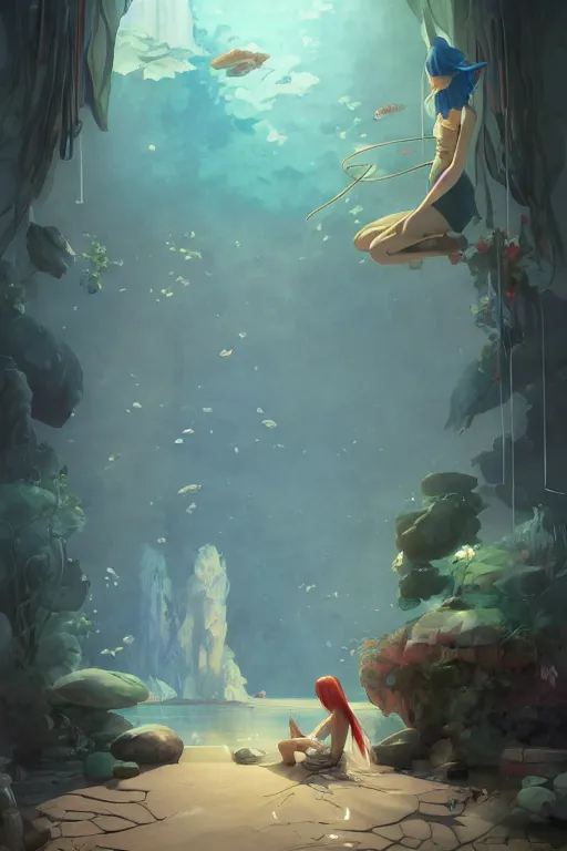 Prompt: beautiful scene render of a person watching in the aquarium, dimly lit bedroom, shaking wind chime, perfectly shaded, atmospheric lighting, style of makoto shinkai and peter mohrbacher, studio ghibli. artgerm, karol bak, beeple, animation style, 8 k hd, ultra wide angle, hyper detailed
