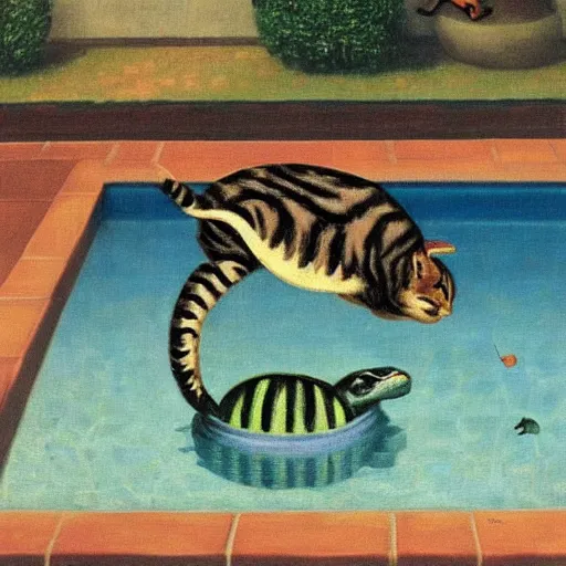 Image similar to painting of a cat playing with a turtle in a swimming pool, impressionism, art by Magritte