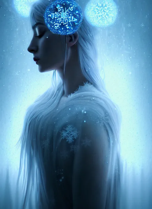 Prompt: a beautiful majestic white queen with snowflakes on her hair, glowing light orbs, intricate concept art, elegant, digital painting, smooth, sharp focus, misty, deep colors, illuminated lines, outrun, vaporware, dark background, cyberpunk darksynth, ethereal, ominous, misty, 8 k, rendered in octane, by ruan jia and miho hirano and jeremy mann