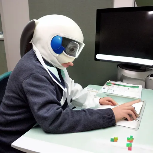 Image similar to A dolphin wearing a chemist outfit playing games on a computer