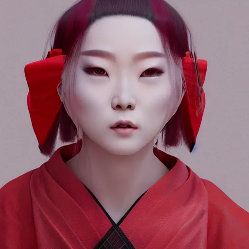 Prompt: young albino kirsune maiko by hiroaki samura, unreal engine octane, red highlights, portrait, 50mm, detailed,