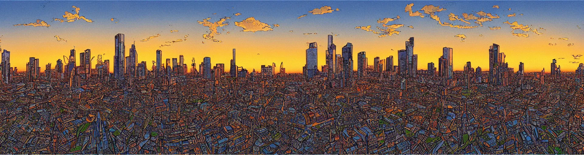 Prompt: Rotterdam Skyline, cartoon style by Jean Giraud, Moebius, intricate detail, sunset, cloudy, highly detailed