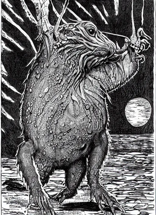 Prompt: a montauk monster as a D&D monster, full body, pen-and-ink illustration, etching, by Russ Nicholson, DAvid A Trampier, larry elmore, 1981, HQ scan, intricate details, Monster Manula, Fiend Folio