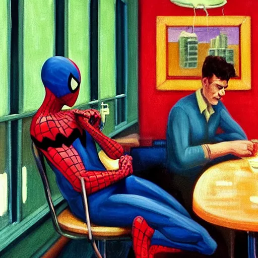 Prompt: spiderman sitting down in a diner. Painted oil on canvas. In the style of Nighthawks 1942 Painting by Edward Hopper