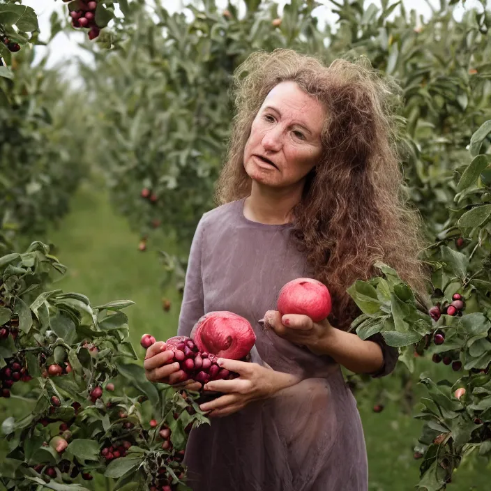 Prompt: a closeup portrait of a woman wearing hagfish slime, picking pomegranates from a tree in an orchard, foggy, moody, photograph, by vincent desiderio, canon eos c 3 0 0, ƒ 1. 8, 3 5 mm, 8 k, medium - format print