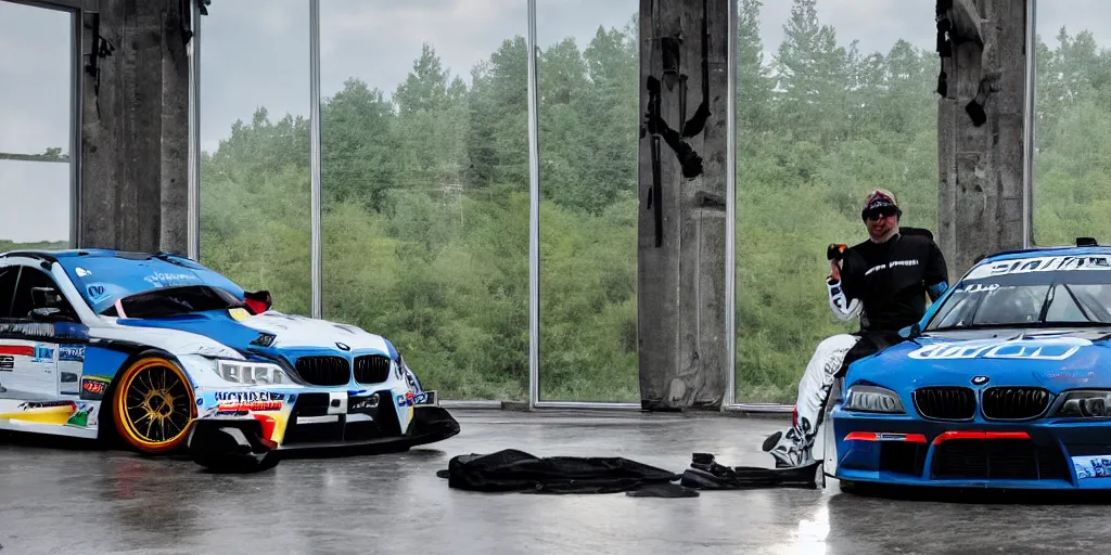 Image similar to sasquatch in the window of a bmw drift car