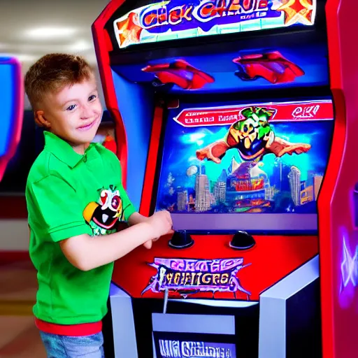 Prompt: professional photo of Chuck E. Cheese mascot, Avenger version, playing an arcade machine, high quality