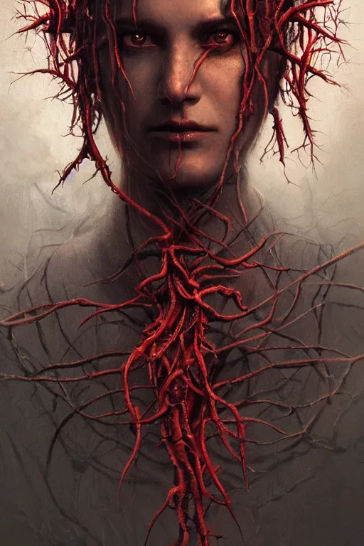 Image similar to realistic portrait beautiful detailed matte painting of cinematic movie scene a mummy, tentacles, black and red, thorns, vines, horror, created by gustave dore and greg rutkowski, high detailed, smooth draw, synthwave neon retro, intricate, realistic proportions, dramatic lighting, trending on artstation.