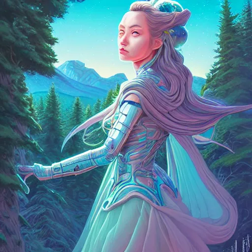 Image similar to ethereal cybernetic princess in the mountains, extremely detailed, sharp focus, wide view, full body shot, smooth, digital illustration, by lisa perrin!!!!, dan mumford, james jean, by rossdraws, frank franzzeta, sakimichan, gouache background