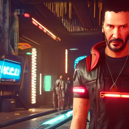 Image similar to photo of a Keanu Reaves in the Cyberpunk 2077 game