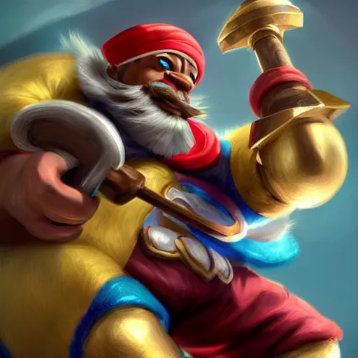 Image similar to king dedede holding his hammer fighting kirby. league of legends character art. digital illustration. hyper realistic. high quality. high resolution. 4 k. dynamic lighting. highly detailed. trending on artstation. ruan jia, wlop. scifi, fantasy, magic the gathering, hyper detailed, octane render, concept art, peter mohrbacher, artgerm.