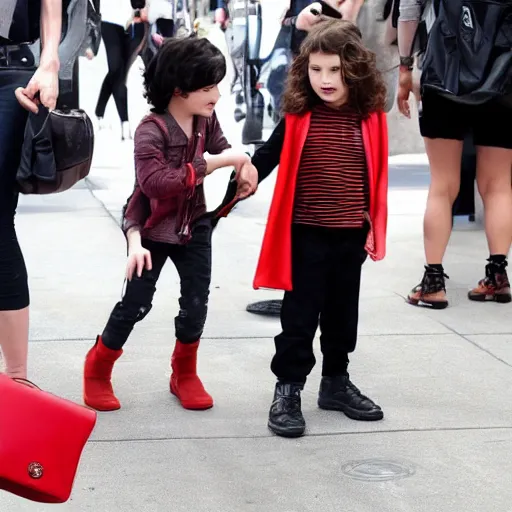 Prompt: An evil little boy with glowing red eyes attempting to steal Gal Gadot's handbag in broad daylight while she glares down at him.